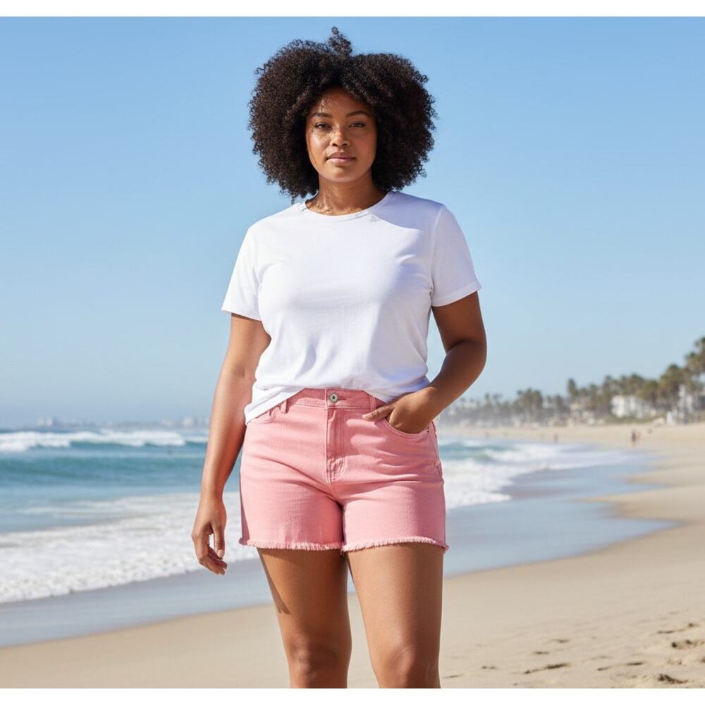 LOFT Coral Pink Heart Print Denim Shorts Mid Rise Stretch 31